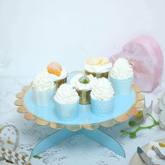 1-Tier Cardboard Cake Stand Light Blue - Stylish Reusable Cupcake Dessert Holder with Gold Scalloped Rim for Baby Showers Birthdays & Events 13"