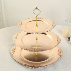 3-Tier Plastic Round Cupcake Stand Metallic Gold - Vintage-Inspired Reusable Dessert Display Holder Tea Party Serving Tray Platter with Baroque Rim & Top Handle 13"