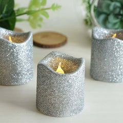 12-Pack LED Votive Candles Glittered Silver Design - Reusable Flameless Battery Operated Lights