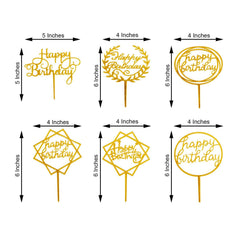 6-Pack Acrylic Happy Birthday Cake Toppers Gold Assorted Styles - Fun Reusable Cake Inserts for DIY Party Decoration Supplies