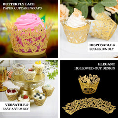 25-Pack Paper Cupcake Liners Butterfly Lace Pattern Design Gold - Round Muffin Wrapper Cups 3"