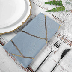 5 Pack Polyester 20"x20" Napkins Dusty Blue with Gold Geometric Foil Pattern - Modern Reusable Dinner Napkins