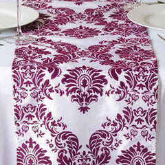 12"x108" Eggplant Taffeta Damask Flocking Table Runner