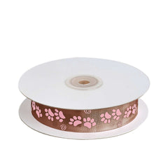 25 Yards 7 8" Chocolate Brown Pink Paw Print Satin Ribbon