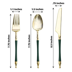 24-Pack Plastic Utensil Set with Roman Column Handle Gold/Hunter Emerald Green - Disposable Silverware