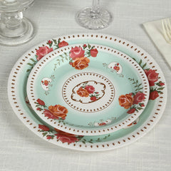 25-Pack Paper 7" Round Dessert Plates in Turquoise with Vintage Rose Flower Print - Disposable Appetizer Salad Plates