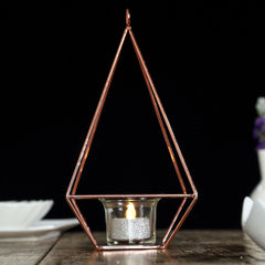 2-Pack Tealight Candle Holders Rose Gold Metal Pyramid Geometric Open Frame - Flower Stand 9"