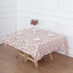 Tulle 72"x72" Table Overlay Square Tablecloth Rose Gold - Sequin Leaf Embroidered Table Topper