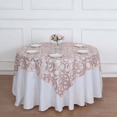 Tulle 72"x72" Table Overlay Square Tablecloth Rose Gold - Sequin Leaf Embroidered Table Topper