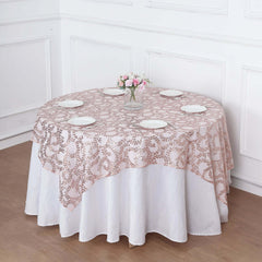 Tulle 72"x72" Table Overlay Square Tablecloth Rose Gold - Sequin Leaf Embroidered Table Topper
