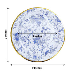 25-Pack Paper 7" Round Dessert Plates in White with Light Blue French Toile Pattern & Gold Rim - Disposable Salad Appetizer Plates for Luncheons & Garden Themes