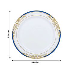 10-Pack Plastic 8" Round Dessert Plates in White with Royal Blue Rim - Stylish Gold Vine Design Disposable Salad/Appetizer Plates for Special Occasions & Celebrations