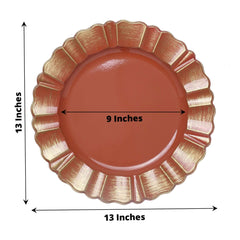 6-Pack Acrylic Plastic Round Charger Plates 13" in Terracotta (Rust) with Gold Brushed Wavy Scalloped Rim, Decorative Dinner Party Charger Tableware