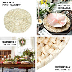 4-Pack Placemats Braided Design Natural Corn Husk Round - Woven Rustic Rattan Style for Tables 15"