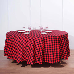 108" Black Red Buffalo Plaid Round Tablecloth, Checkered Gingham Polyester Tablecloth