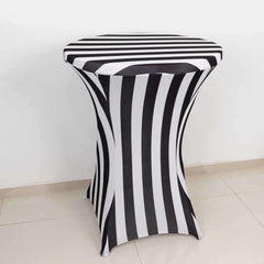 Spandex 32" Fitted Round Cocktail Table Cover Black/White Striped - Easy to Maintain Stretch Tablecloth