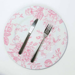 6-Pack Acrylic Round Charger Plates 13" in White with Pink Floral French Toile Pattern, Decorative Dinner Party Charger Tableware