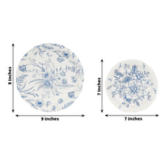 50-Pack Paper Round Dessert and Dinner Plates in White with Blue French Toile Pattern - Vintage Style Disposable Party Plates Set for High Tea Events & Classy Occasions 7", 9"