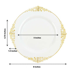 10-Pack Plastic 8" Round Dessert Plates in White with Gold Leaf Embossed Rim - Disposable Vintage Baroque Style Salad Plates for Luxurious Gatherings & Events