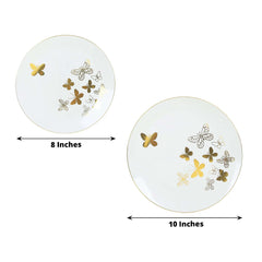 Set of 20 Plastic Round Dinner and Salad Plates in White with Gold Butterfly Design & Gold Rim - Stylish Disposable Dinnerware for Buffets & Catered Events 8", 10"