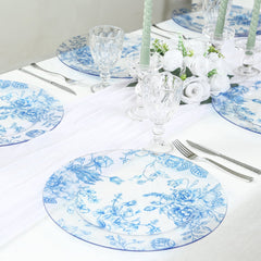 6 Pack Round Floral Acrylic Charger Plates in French Toile Pattern, 13" Clear Light Blue Dinner Charger Event Tabletop Decor