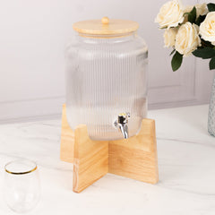 1 Gallon Clear Ribbed Glass Beverage Dispenser, Round Juice Jar with Wooden Stand and Lid - Lead-Free Countertop Feature 14"