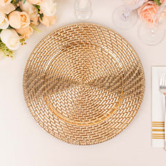 6-Pack Acrylic Round Charger Plates 13" in Metallic Gold with Swirl Rattan Pattern, Farmhouse Plastic Charger Tableware
