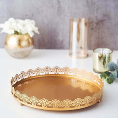 12" Gold Premium Metal Decorative Vanity Serving Tray, Round With Embellished Rims