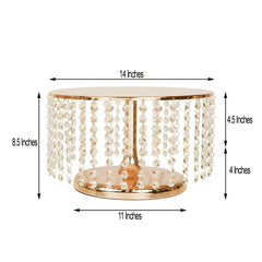 Metal Cake Stand Round Design Metallic Gold with Crystal Chains 14" Dia - Cupcake Dessert Pedestal 8" Tall