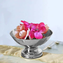 Metal Pedestal Flower Pot Round Design Metallic Silver - Floating Candle Bowl and Display Dish 12"