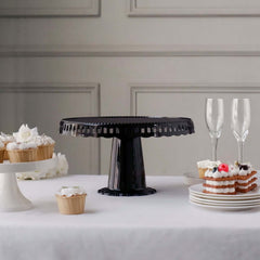 4-Pack Plastic Round Pedestal Cake Stands Black - Reusable Cupcake Pastry Display Risers with Hollow Ribbon Trim Edges for Stylish Dessert Presentation 13"