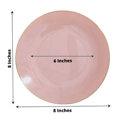 10-Pack Plastic 8" Round Dessert Plates in Dusty Rose with Gold Rim - Glossy Disposable Appetizer Salad Plates