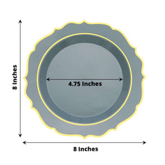 10-Pack Plastic 8" Round Desert Plates in Dusty Blue with Gold Scalloped Rim - Disposable Appetizer/Salad Plates