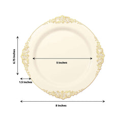 10-Pack Plastic 8" Round Dessert Plates in Ivory with Gold Leaf Embossed Rim - Disposable Vintage Baroque Style Salad Plates