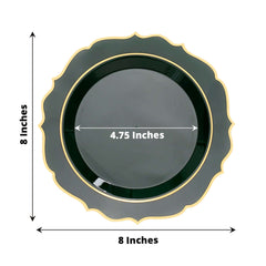 10-Pack Plastic 8" Round Desert Plates in Hunter Emerald Green with Gold Scalloped Rim - Disposable Appetizer/Salad Plates