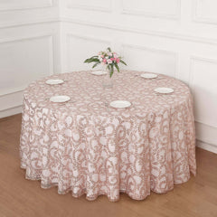 Tulle 120" Round Tablecloth Rose Gold - Seamless Sequin Leaf Embroidered Table Cover