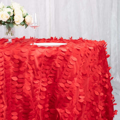 Taffeta 132" Round Tablecloth Red Leaf | 3D Leaf Petal Design Seamless Table Cover