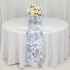 Polyester Table Runner 12"x108" White with Blue French Toile Floral Print - Stylish Reusable Table Décor