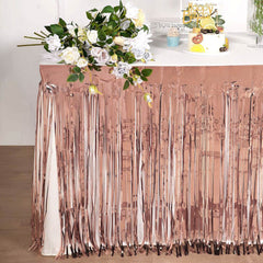 Metallic Foil Fringe Table Skirt Rose Gold with Self Adhesive Backing - Durable Tinsel Skirt for Parties 30"x9ft