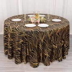 Sequin Mesh 120" Round Tablecloth Black/Gold - Seamless Wave Embroidered Table Cover