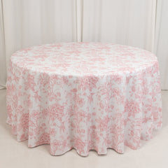 Polyester 120" Round Tablecloth White - Pink French Toile Pattern for Stylish Events