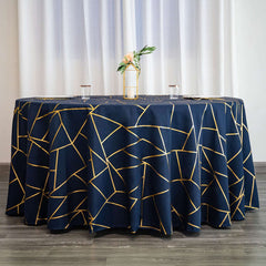 Polyester 120" Round Tablecloth Navy with Gold Foil Geometric Pattern Wrinkle-Resistant Seamless Table Cover