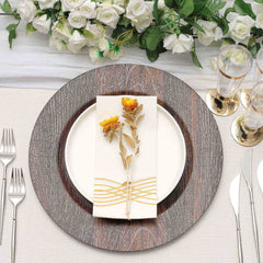 6-Pack Plastic Round Charger Plates 13" in Dark Brown with Faux Wood Finish, Rustic Boho Chic Dinner Party Charger Tableware