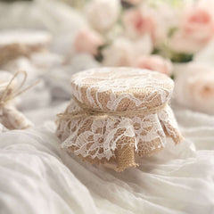 Set of 6 Mason Jar Lid Covers Rustic Burlap/White Lace Fabric Design with Jute String - Scalloped Edge Natural Linen Favor Covers 6"