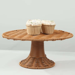 Plastic Round Rattan Wicker Pedestal Cake Stand Natural - Reusable Rustic Cupcake Holder Dessert Table Display Centerpiece for Home Parties & Events 12"