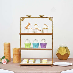 3-Tier Wooden Cheese Board Stand Rectangular Gold/Wood Slice Design - Rustic Cupcake Tower Centerpiece with Assembly Tools 19"