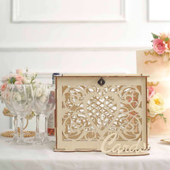 Natural Wooden Laser Cut "Mr. & Mrs." Wedding Card Box With Label, Rustic DIY Hollow Money Box And Stand - 12"x9"