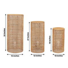 Set of 3 Natural Woven Rattan Wicker Pedestal Stand Floor Lamp Shades with Wave Pattern, Rustic Farmhouse Cylinder Display Stands With Plug In Light Cord - 19",27",33"