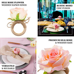 4 Pack Blush Artificial Rose Flower Wooden Napkin Holders, Farmhouse Country Floral Napkin Rings - 4"