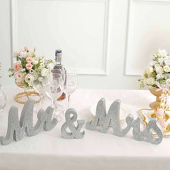 Wooden "Mr & Mrs" Freestanding Letters Silver Glittered - Rustic Glam Wedding Table Display Signs